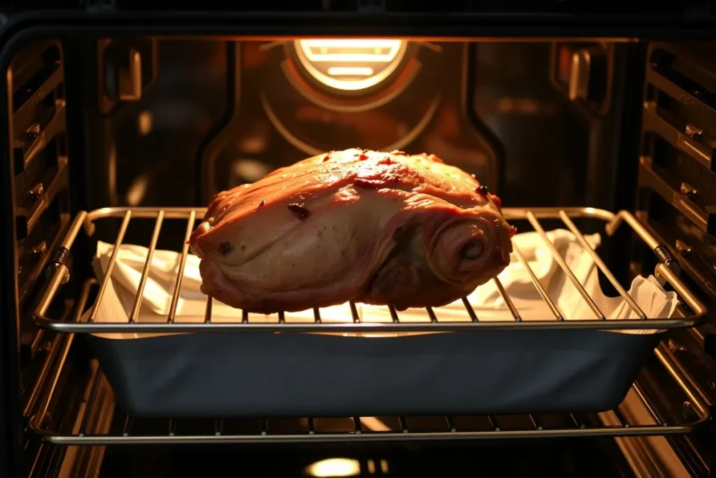 A 2.5 lb meat cut cooking naturally in the oven.