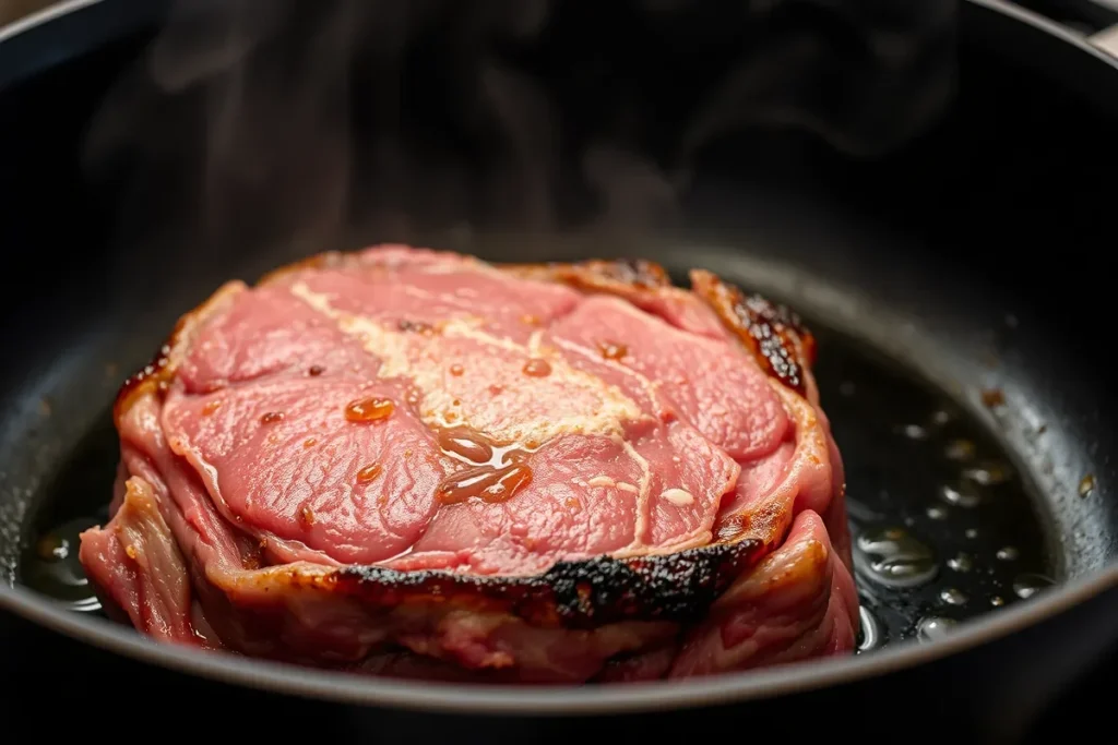 Bottom round roast searing in a pan