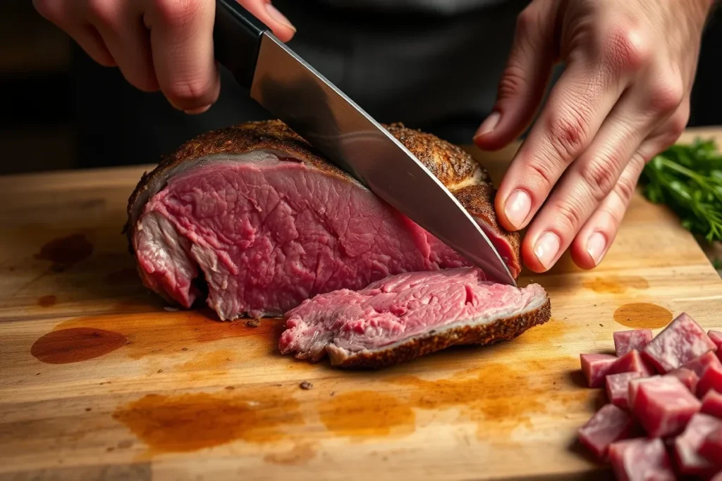 Slicing bottom round roast against the grain