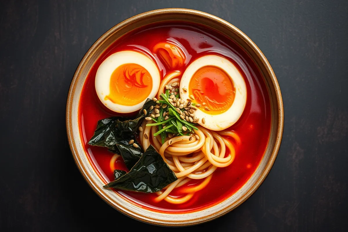 Bowl of spicy buldak ramen noodles.