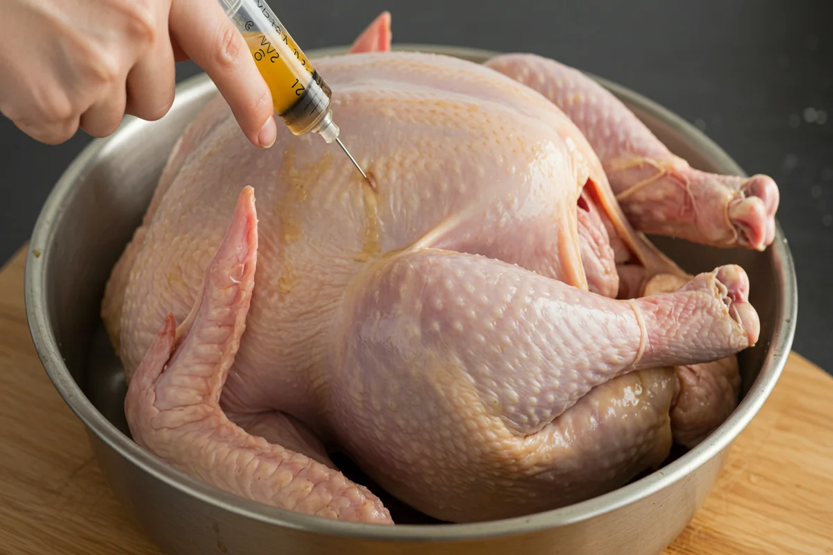 Injecting marinade into turkey, showing how long before frying turkey do you inject marinade.