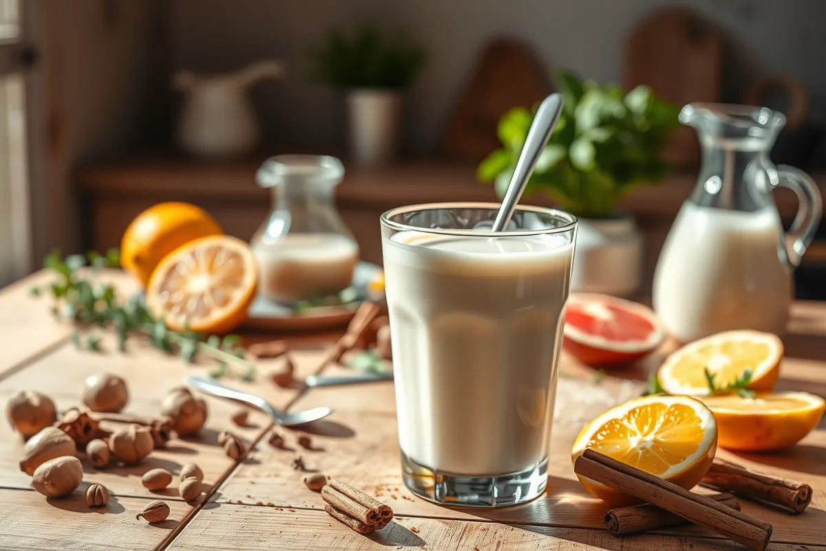 A glass of naturally made tiger's milk with ingredients around.