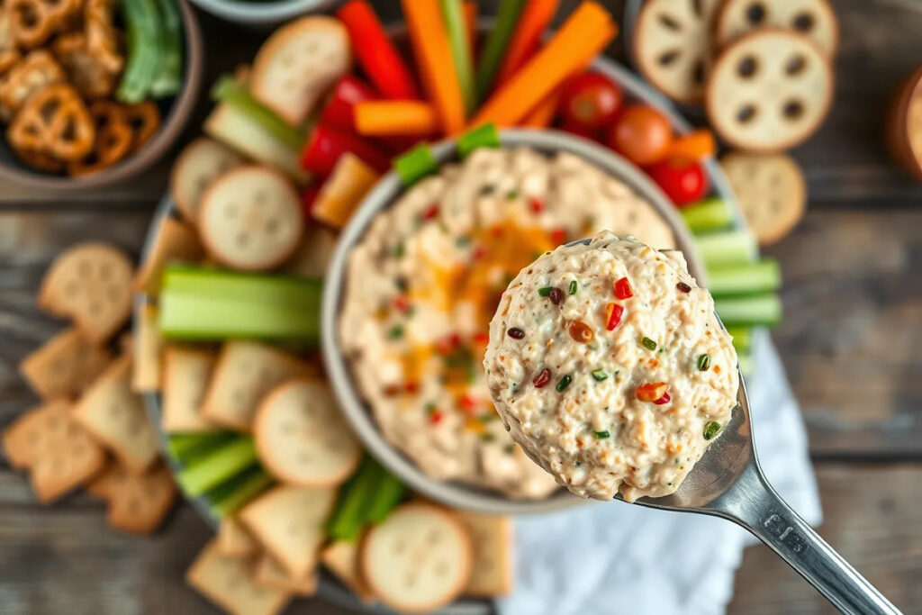 Delicious everything bagel dip with crackers and vegetables.