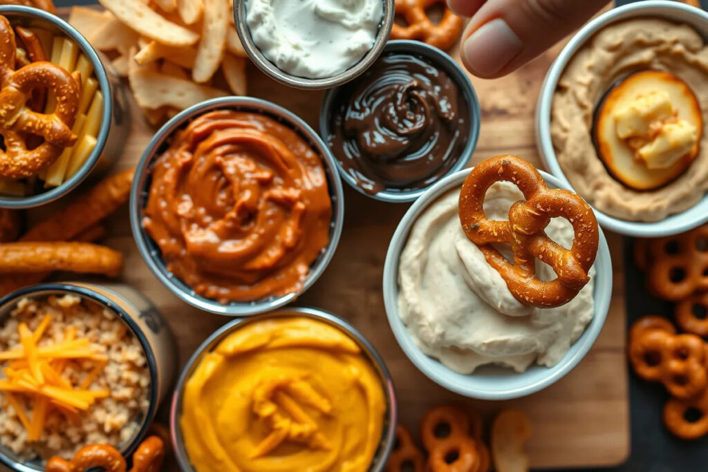 Assortment of dips with pretzels on a table.