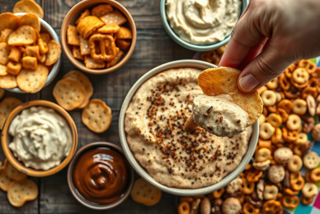 A tasty display of bagel chips with various dips.