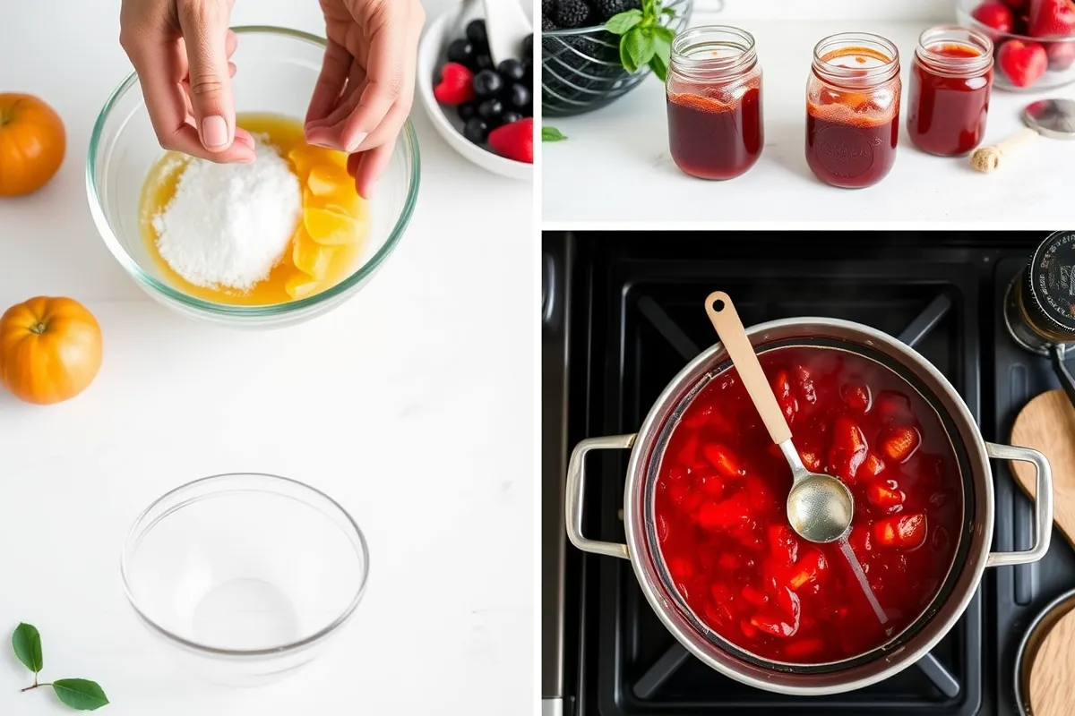 A collage of three images showing the process of making jam: mixing ingredients in a bowl, jars of finished jam on a countertop, and a pot of jam