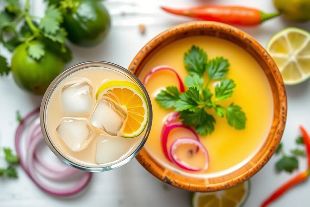 Leche de tigre in a small glass, garnished with cilantro.