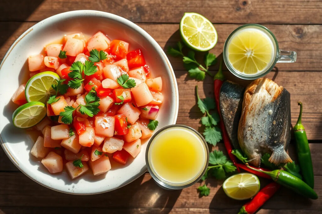 Natural leche de tigre alongside a plate of ceviche.