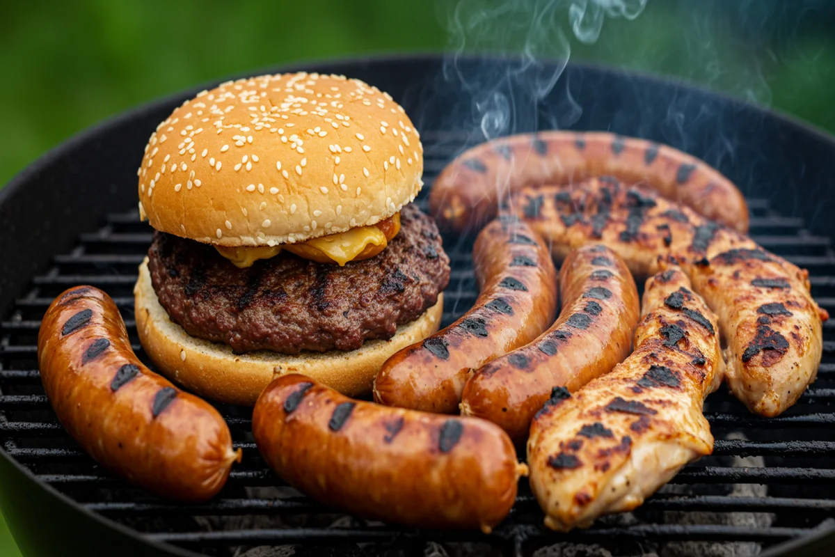 Grilled burger with a sesame seed bun, sausages, and chicken cooking on a hot barbecue grill.