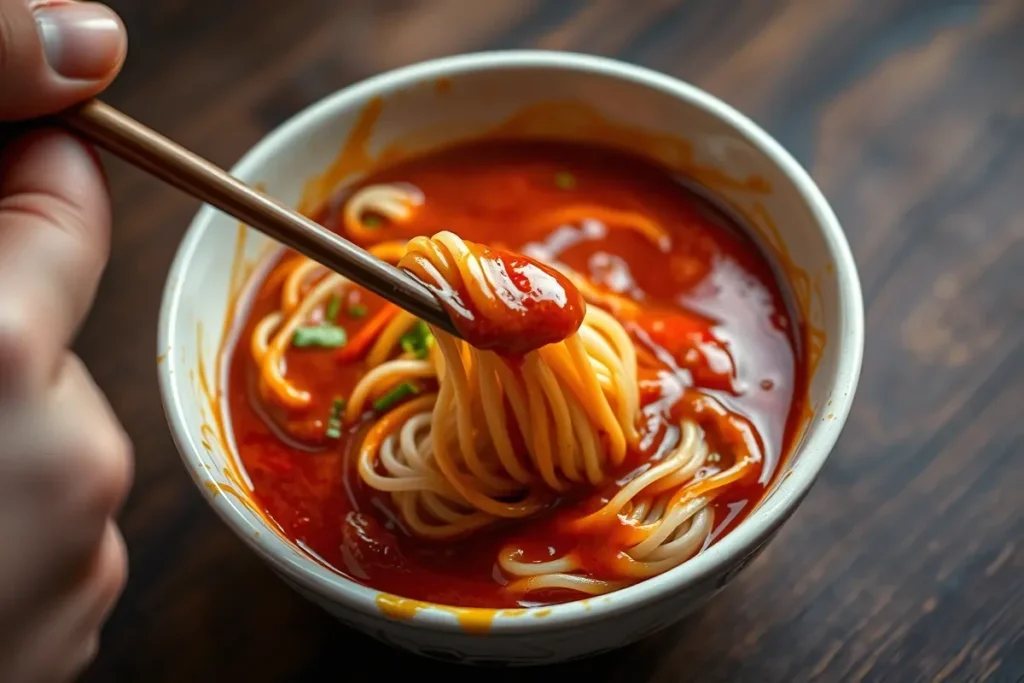 Mixing Buldak Ramen sauce with noodles