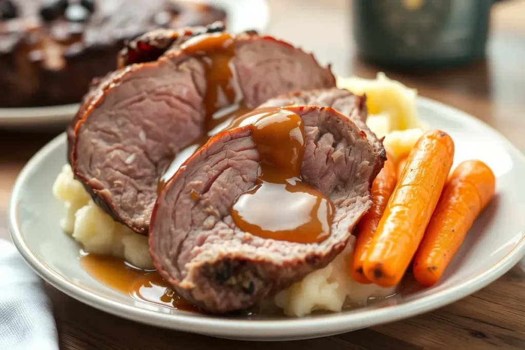 Plated naturally cooked bottom round roast with sides.