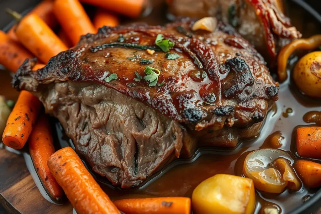 Slow cooked bottom round roast with vegetables.