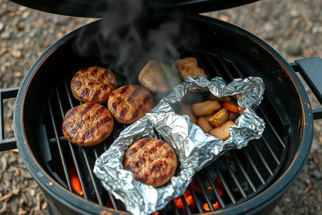 A close-up of burgers cooking on a pellet grill.