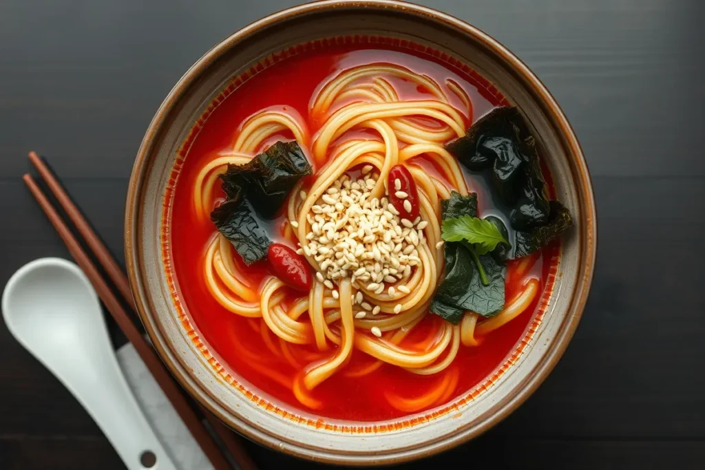 Bowl of spicy Buldak Ramen with noodles and red sauce.