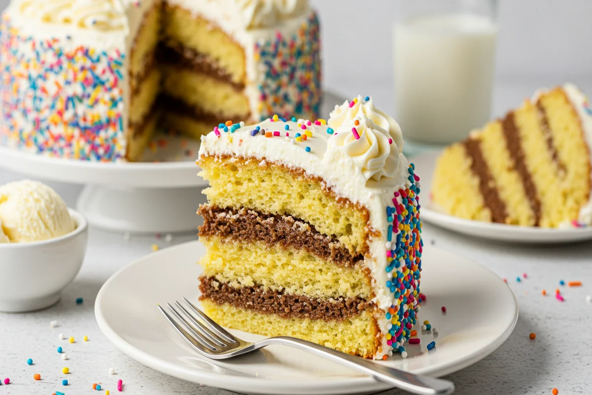 A slice of delicious Inside Out Cake, showcasing the colorful, swirled layers and sprinkles, served on a white plate with a fork.