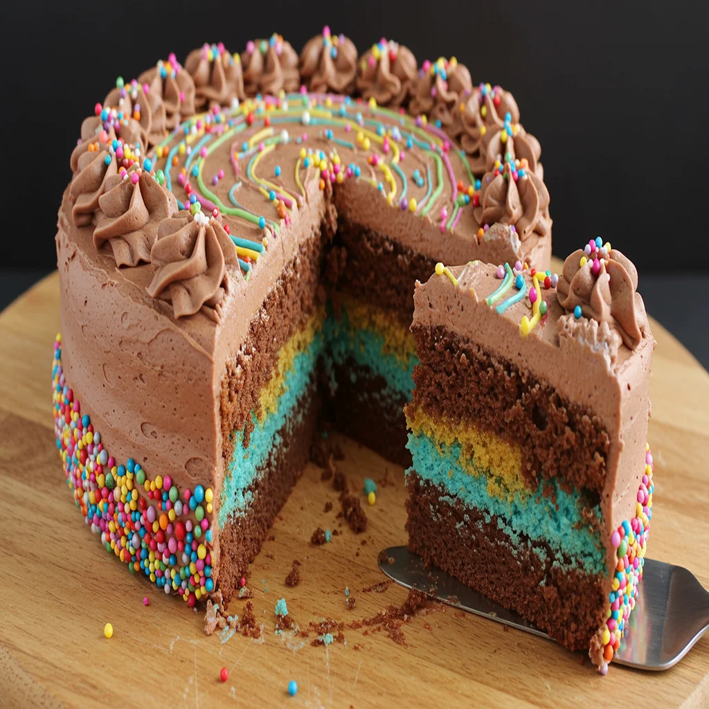 Delicious Inside Out Cake with colorful swirls and sprinkles, a slice cut out to reveal the inverted layers.