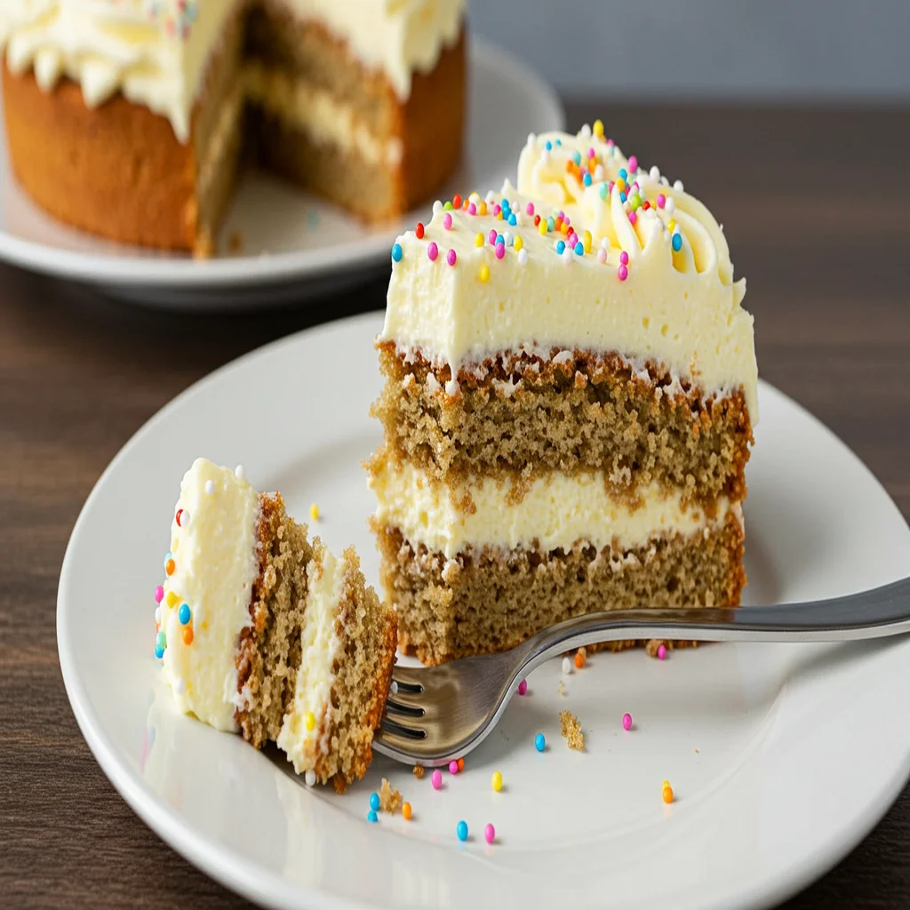 Close-up of a slice of Inside Out Cake, highlighting the inverted layers, frosting, and colorful sprinkles.
