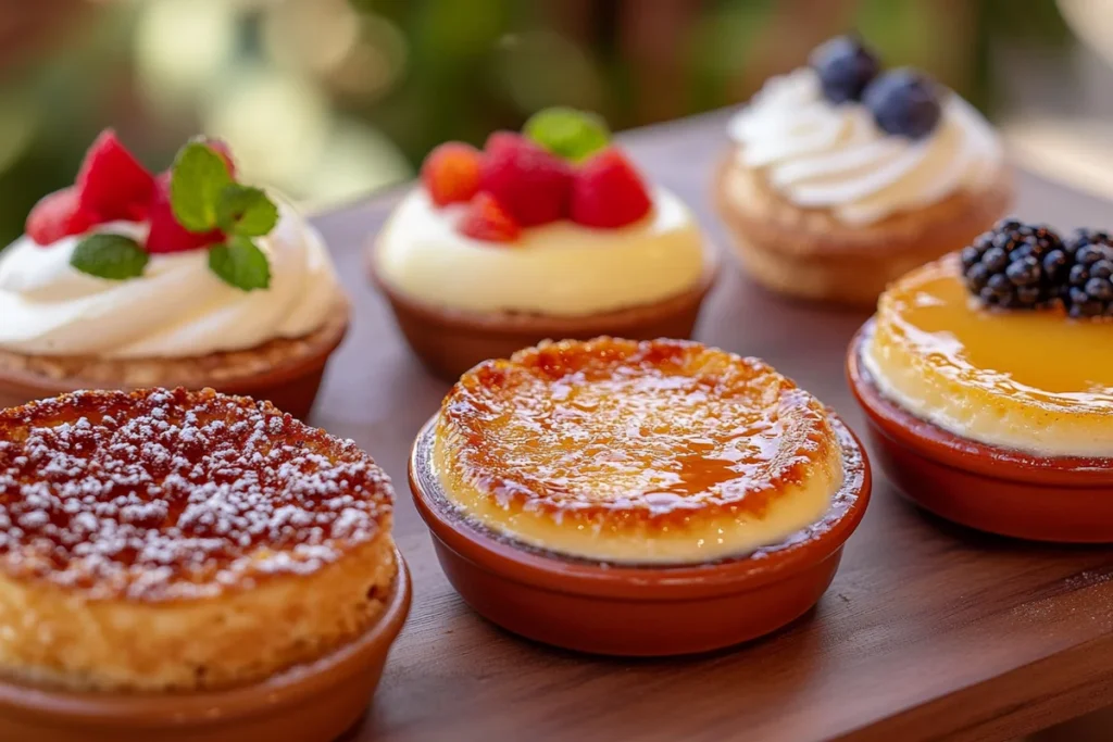 An assortment of classic custardy French desserts, including crème brûlée, pot de crème, clafoutis, île flottante, and crème caramel.