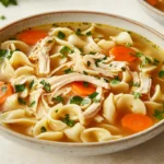 A bowl of homemade chicken noodle soup with shredded chicken, egg noodles, carrots, and parsley in a golden broth.